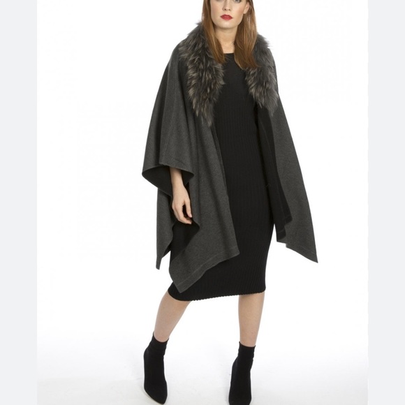 EUC Echo Dark Heather Gray Faux Fur Open Front Cape - Picture 6 of 6
